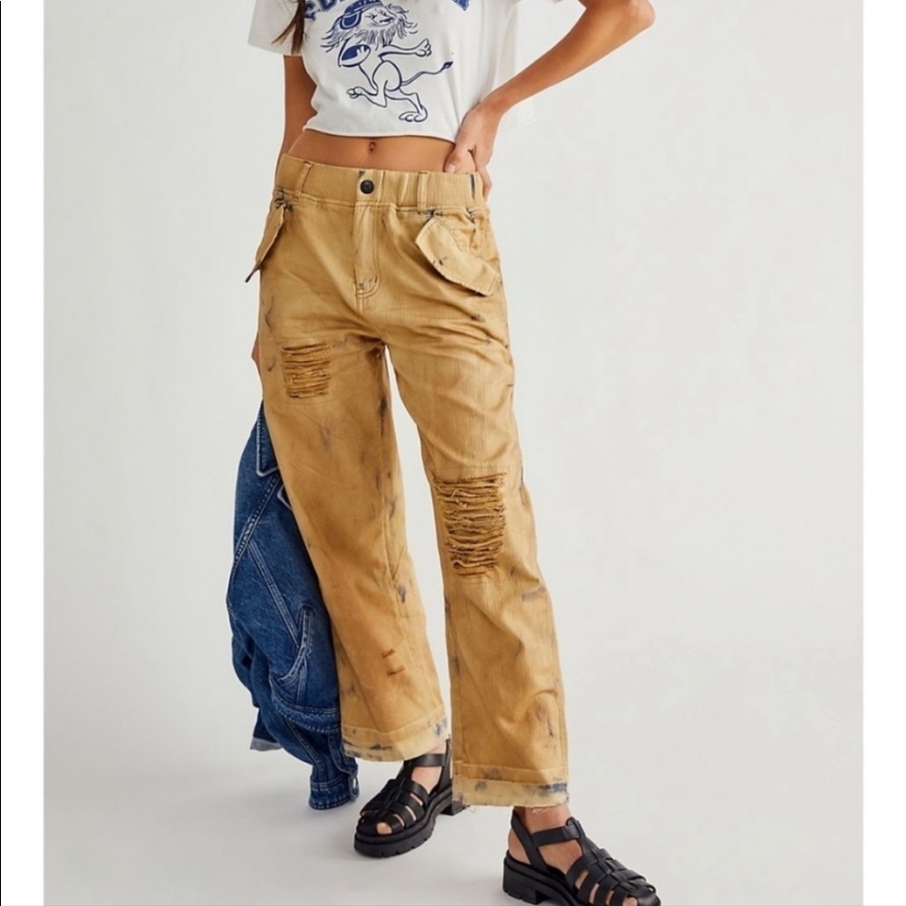 NWT Free People Freddie Distressed Vintage Inspired Pants Neutral Size XS